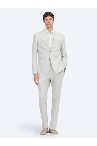 Kip Bej Desenli Modern Fit Keten Karışımlı Takım Elbise