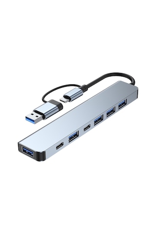 Samdoo Alüminyum Kasa 7 Portlu Usb Hub - Usb3.0 5gbps , Usb2.0 4, Pd 5w Ve Usb-c Dönüştürücü - Gri