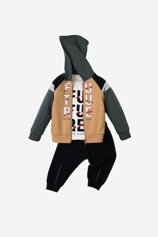 Future Baskılı Kapüşonlu Pamuk Bebek Takım 3 Lü Takım Hırka Sweatshirt Alt Bej