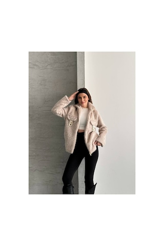 Asur Boutique Asur Butik Kadın Keçeli Kumaş Tokalı Fermuarlı Ceket Bej