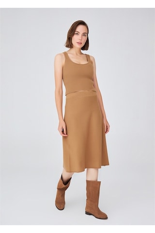Peraluna Kloş Kesim Kaşmir Karışım Diz Altı Triko Etek Camel Camel