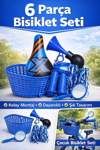 Erkek Bisiklet Koltuğu Mavi Sepet Mavi Vakvak Korna Mavi Püskül Çocuk Elcik Mavi Ayna Seti Mavi