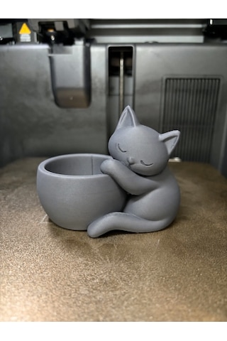 3d Baskı Sarılan Kedi Saksı - Sevimli Dekoratif Saksı - Gri -