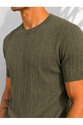 Ribana Erkek Bisiklet Yaka Kısa Kollu Esnek Örme Triko T-shirt 26091 Haki