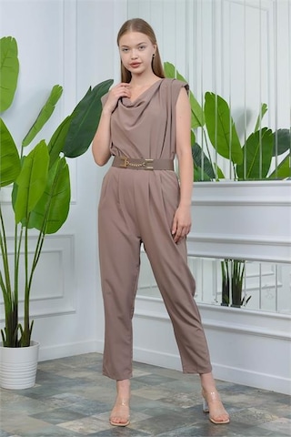 Neşeli Butik Vizon Kadın Vatkalı Kemer Detaylı Sıfır Kol Cepli Tulum Nb10051 Vizon