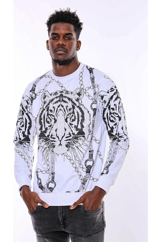 Wessi Beyaz Baskılı Ve Taşlı Bisiklet Yaka Sweatshirt Beyaz