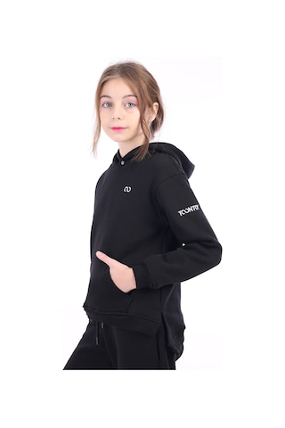 Kız Çocuk Oversize Kapüşonlu Cepli Nakış Baskılı Yırtmaçlı Sweatshirt - 3 İplik Şardonlu Siyah