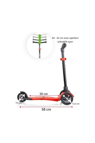 Wellgro Turbo 3 Tekerli Yükseklik Ayarlı Scooter, Kırmızı Kırmızı