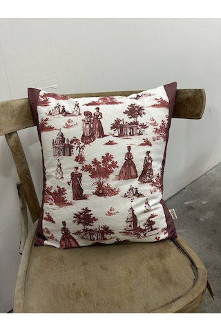 Toile De Jouy Paris Kırlent Kılıfı 43x43 Cm %100 Pamuk Dijital Baskılı Klasik Fransız Tarzı Dekoratif Yastık Kılıfı - Zt740 Kırmızı