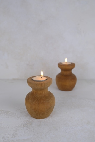 2 Li Büyük Boy Nar Model Tealight Ahşap Şamdan Seti Dekoratif