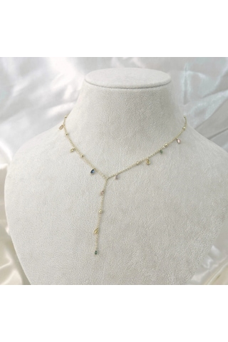 Renkli Taşlı Y Kolye Gold Gold