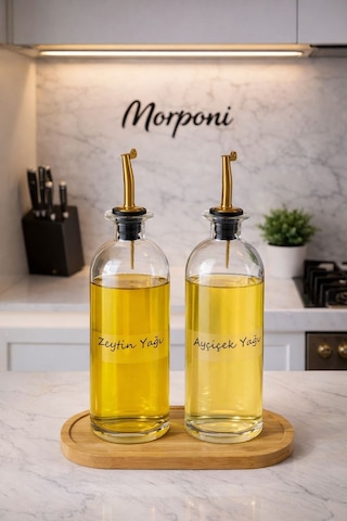 Morponi Bambu Stantlı Akıtmaz Gold Başlıklı 2'li Yağdanlık Seti 500 Ml Thn Şeffaf