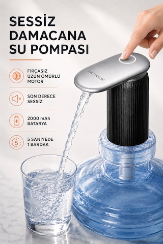 Ultra Sessiz Şarjlı Otomatik Damacana Su Pompası Yüksek Hızlı Akış 2000mah Pil Siyah
