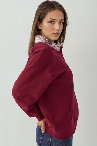 Hiccup Dokuma Garni Detaylı Oversize Polo Yaka Sweatshirt Bordo Kırmızı