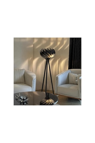 Modern Ahşap Tripod Lambader Dekoratif Salon Köşe Lambası Siyah Diğer