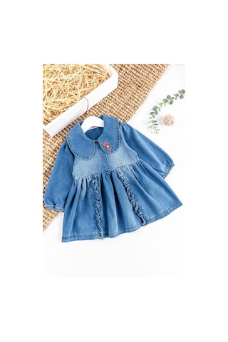 Babymod Bebe Yakalı Fiyonklu Denim Kız Bebek Kot Elbise 001