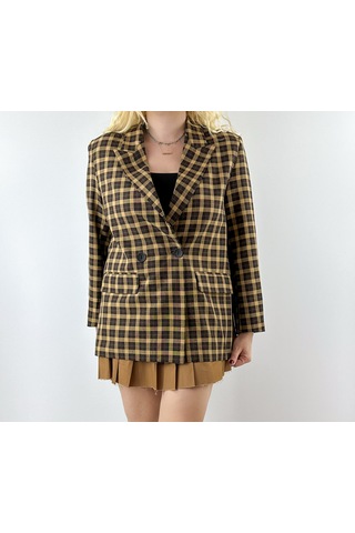 Modaonna Ekose Desen Rahat Kalıp Blazer Ceket Kahverengi