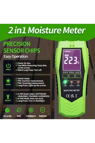 Topshop1 Yeşil Yeni 2si 1 Arada Pinli Ve Pinsiz Nem Ölçer Su Kaçağı Dedektörü Kütük Alçıpan Küf Tespit Cihazı