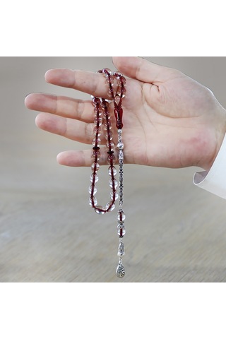 Tesbihname 925 Ayar Gümüş Kral Zincir Püsküllü Arpa Kesim Kırmızı İmame Kombinli Şeffaf Ateş Kehribar Tesbih Beyaz