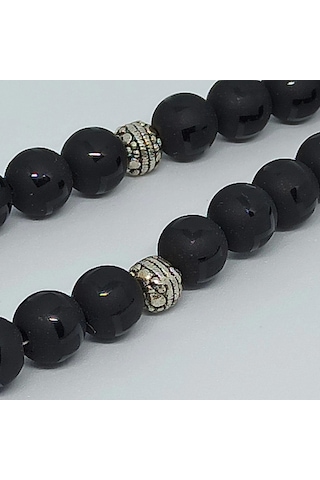 Kesebe Doğal Mat Siyah Desenli Oniks Taşlı Tespih - El Yapımı Koleksiyonluk Parça Çok Renkli