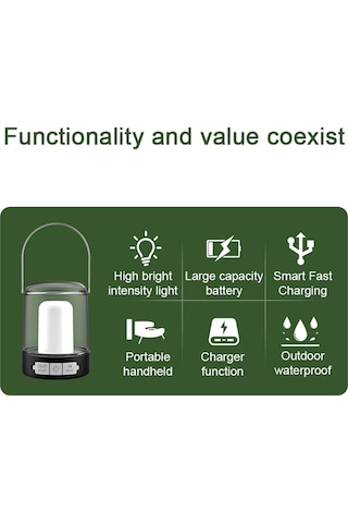 Jeehugo Usb Şarjlı Kamp Feneri, 3 Işık Modu Beyaz/ıslak/kumanda Alevi , Powerbank Fonksiyonu, 1200mah Pil, Ipx4 Su Geçirmez, Siyah Siyah
