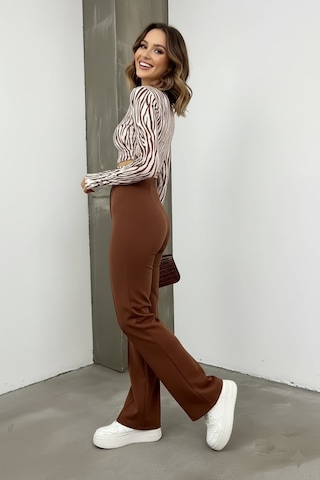 Unika Boutique Kadın Yüksek Bel Lastikli Nervür Dikişli Krep Çimalı İspanyol Paça Palazzo Pantolon Kahverengi