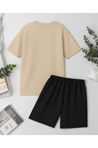 Uyguntarz Unisex Kesinlikle Hayır. Tasarım Basklı Tshirt Şort Takımı Bej