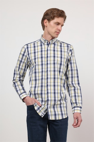 İmza Beyaz - Sarı Düğmeli Yaka Uzun Kol Cepsiz Comfort Fit Pamuk Gömlek 1004260169 2XL