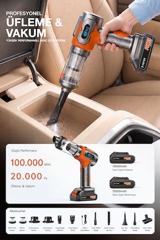 20000pa Kablosuz Araç Süpürgesi Üfleme Vakum 2'si 1 Arada 100000 Rpm Şarjlı El Süpürgesi Hepa Filtre Antrasit