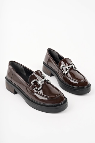 Muggo Carmenta Kadın Loafer Kalın Taban Tokalı Günlük Casual Makosen Ayakkabı Bordo Rugan