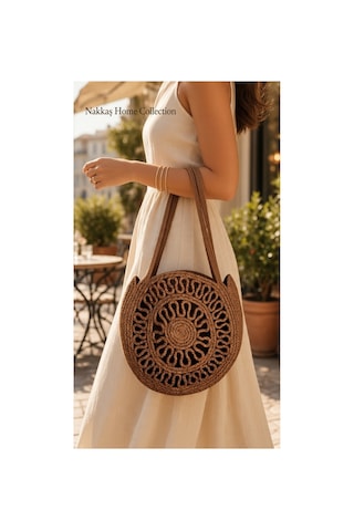 Nakkaş Home Collection Jüt Çanta Kadın Hasır Çanta, Plaj Çantası, Omuz Ve Günlük Kullanım Çantası-kahverengi-40x35 Cm