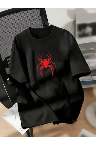 Modi Baskılı Oversize Bisiklet Yaka T-shirt - Siyah - Mymg158834
