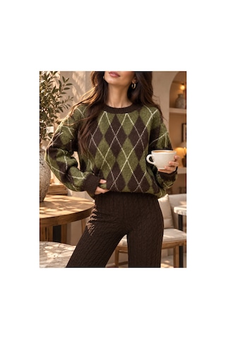 Cloudymood Kadın Bordo Lacivert Baklava Desenli Bisiklet Yaka Oversize Triko Kazak Kahverengi-haki - 937711675 Kahverengi-haki