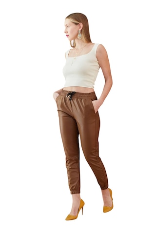 Paça Lastikli Deri Pantolon Taba