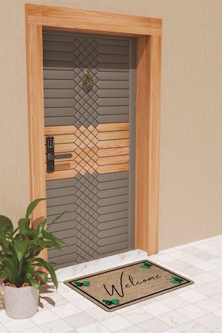 Rugmood Modern Dijtal Baskı Kahverengi Yeşil Kelebekli Welcome Kapı Önü Paspası Çok Renkli