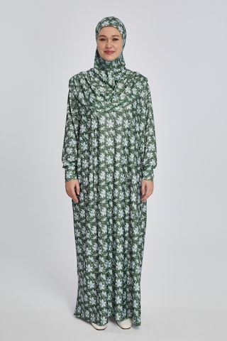 Pratik Tek Parça Manolya Desenli Namaz Elbisesi Haki