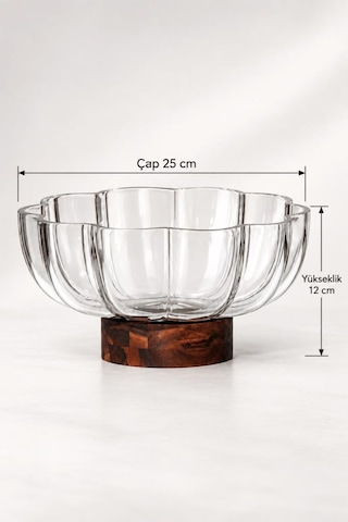 Atbyhome Akasya Ayaklı Çiçek Cam Meyvelik 25x12 Cm - Papatya Dilimli Cam Salata Tatlı Sunum Kasesi Gondol Şeffaf
