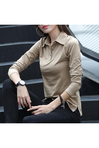 Düğme T Gömlek Kadın Sonbahar Üstleri Dönüş Yaka Ince Pamuklu Tişört Kadın Uzun Kollu Kadın Giysileri Tee Gömlek Femme Kahve Kahverengi