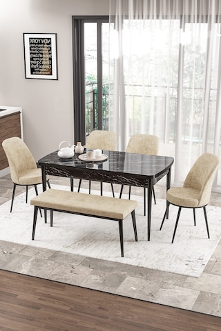 Canisa Concept Zen Serisi 80x132 Mdf Açılabilir Siyah Mermer Desen Masa Takımı 4 Krem Sandalye Ve 1 Bench Masa Siyah Mermer Sandalye Ve Bench Krem
