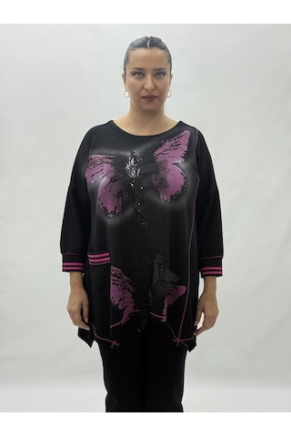 Büyük Beden Viskon Taşlı Cepli Kapri Kol Oversize Kadın Bluz Pembe