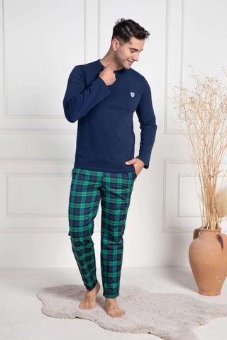 Mecit 3051 Erkek Lacivert Ekoseli Büyük Beden Pijama Takımı Lacivert