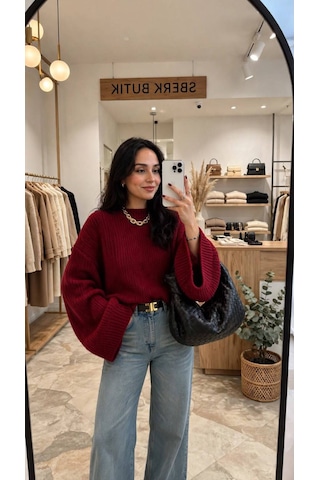 Marka Model Yarasa Kol Crop Kazak Kırmızı