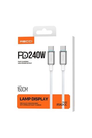 Recci Rs42cc Lamp Display Serisi Type-c To Type-c Pd 240w Hızlı Şarjlı Data Ve Şarj Kablo 1.5m Gümüş