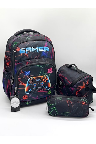Erkek Çocuk İlk Okul Çantası 3'lü Set İlkokul Çantası Siyah Karakter Desenli Gamer Çok Renkli