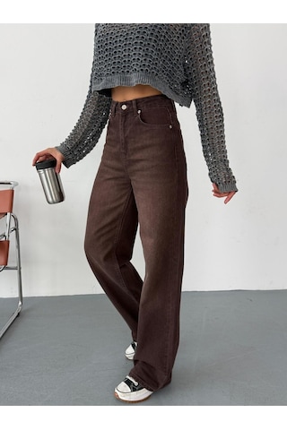 Kadın Kahverengi Taşlamalı Wide-leg Jean Yüksek Bel Geniş Paça Kot Pantolon Kahverengi+wide-leg