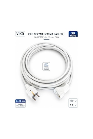 Viko Seyyar Uzatma Kablosu 30 Metre 3x2.5 Mm Cca Kablo Viko Erkek Dişi Fiş Klemensli Terminalli Topraklı Tse Ce Belgeli 30 M
