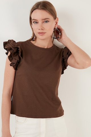 Lela Pamuklu Kolları Fırfırlı Slim Fit Bisiklet Yaka Bayan T Shirt 5864500 Kahve