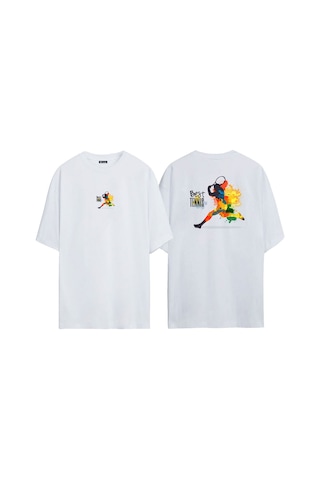 Thewert Unisex En İyi Tenis İllüstrasyonu Ön Arka Baskılı Beyaz Oversize T-shirt