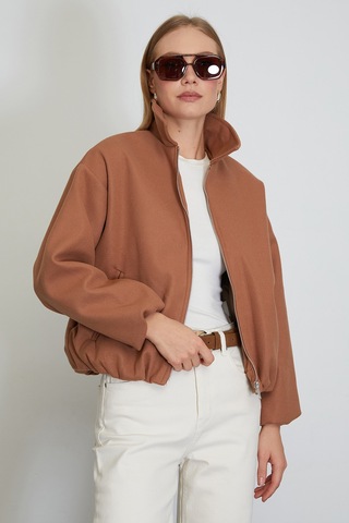 Fullamoda Fermuarlı Cepli Polo Yaka Kaşe Bomber Mont Taba