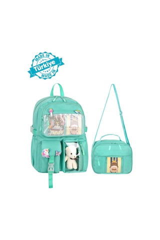 Waddell Kawaii Kore Tarzı Aksesuarlı İlkokul Sırt Ve Beslenme Çantası Su Yeşili 25002 Yeşil